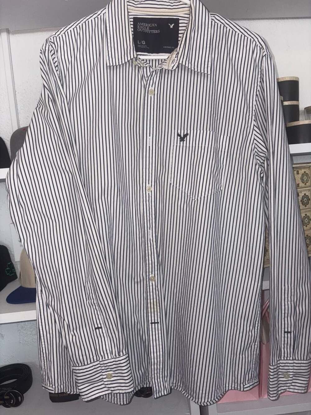 American Eagle Outfitters Men's Large White and Black  Button-Down Shirt